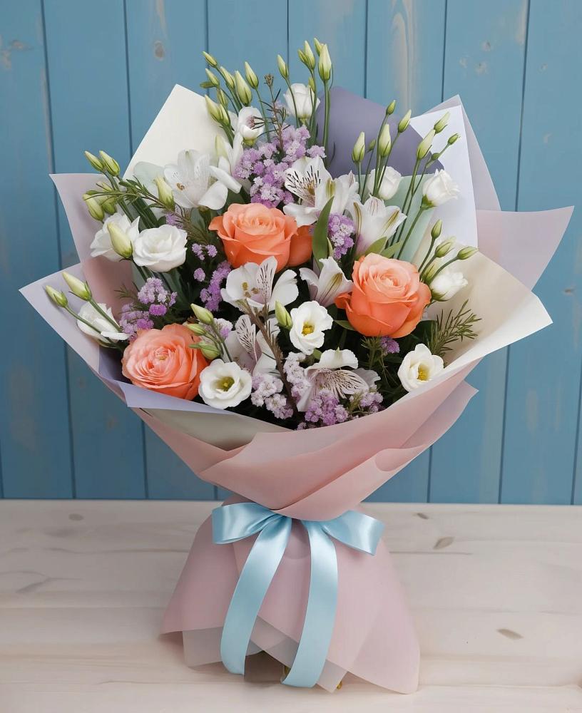 Букет цветов из: Лизиантусы, Розы, Альстромерии и Гипсофила в Северское