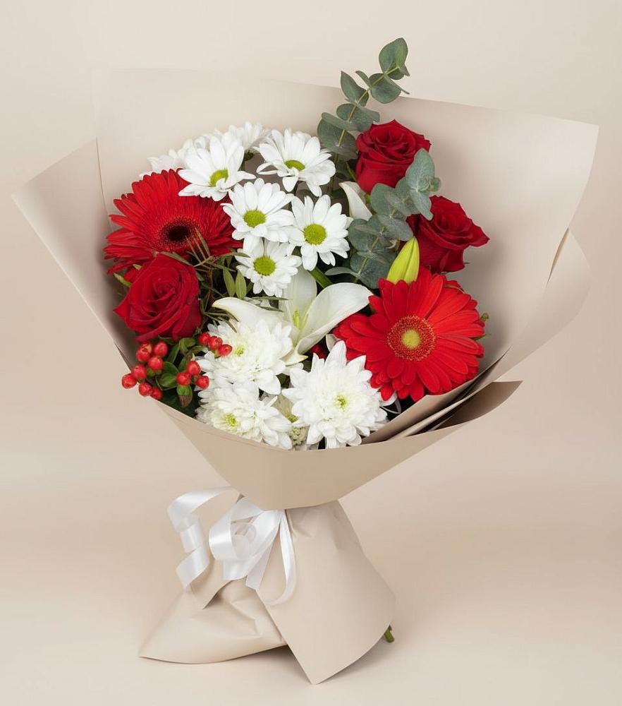 Букет цветов из: Розы, Хризантемы, Герберы и Лилии в Северское
