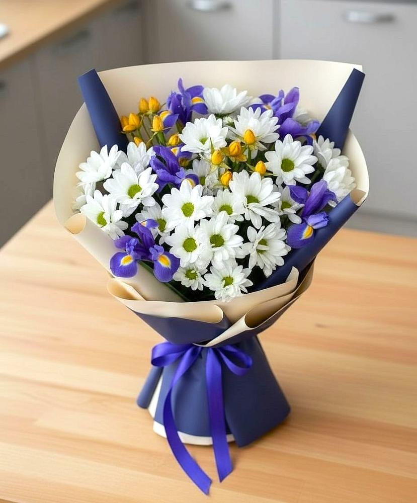 Букет цветов из: Розы, Ирисы и Хризантемы в Северское