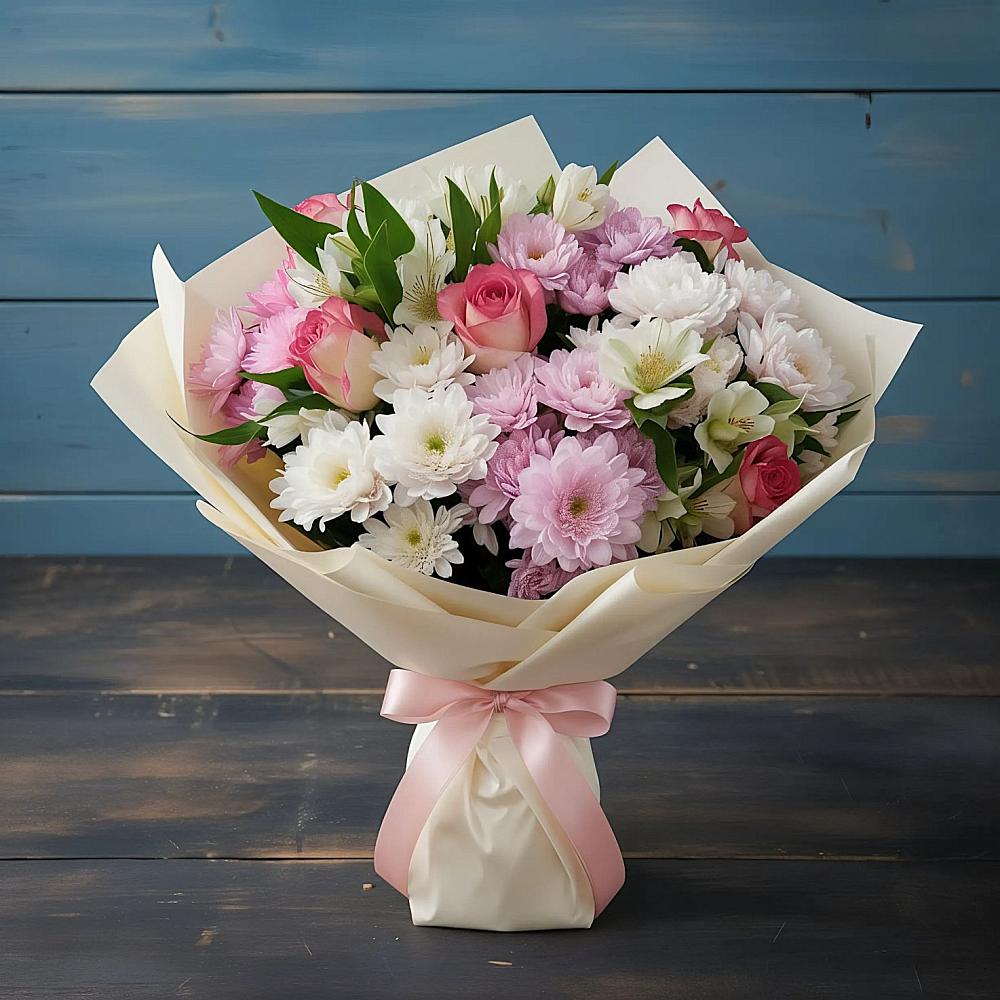 Букет цветов из: Хризантемы, Альстромерии и Розы в Северское